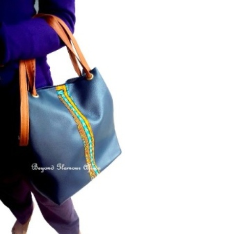 Ladies Blue Ankara Print Leather Handbag