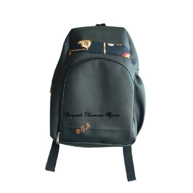 men and women's Black Leather with multi color ankara laptop Backpack