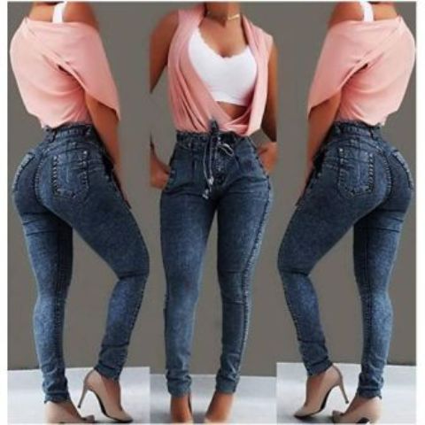 Fashion Dark Blue High Waist Jeans, Elastic Slim Fit Ladies Pants