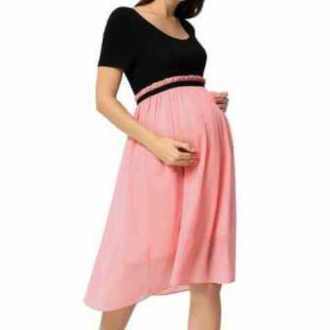 MC Short Sleeve Cotton-Chiffon Maternity Dress- Black-Pink