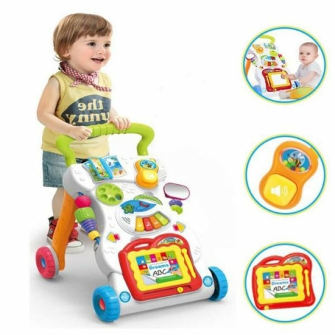 Multifunctional baby push walker with toys and music